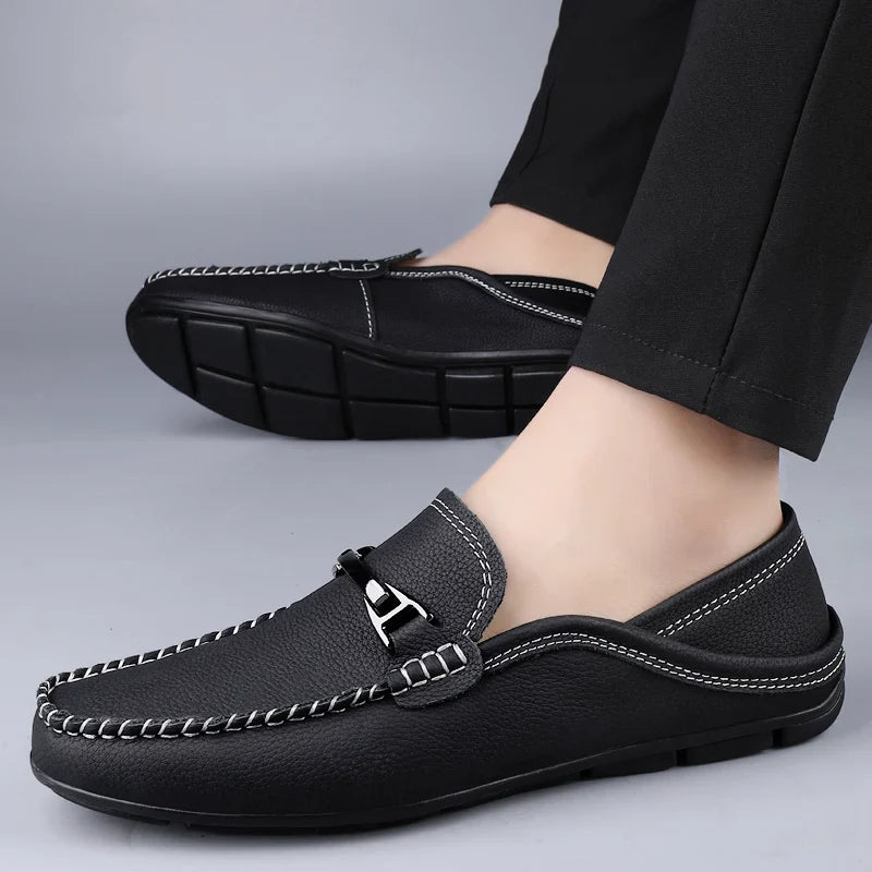 Fabrizio Men’s Leather Loafers – Genuine Cow Leather Slip-On Shoes with Cushioned Insole