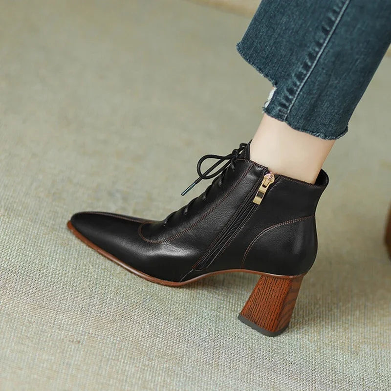 Trixy Women’s Leather Ankle Boots – Pointed Toe & Block Heel Design