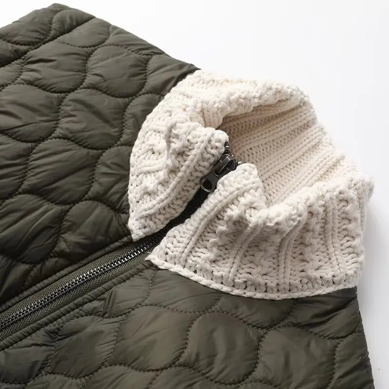 Adelina Quilted Patchwork Jacket – Textured Warmth with Cable-Knit Sleeves