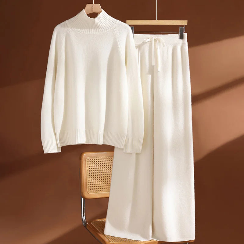 Ruffa Women’s Wool Lounge Set – Soft Knit Pullover & Wide-Leg Trousers