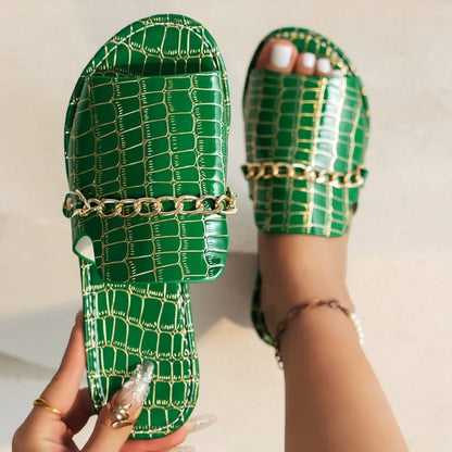 Florence Women’s Slip On Sandals – PU Chain Detail Flats for Summer & Beach Wear