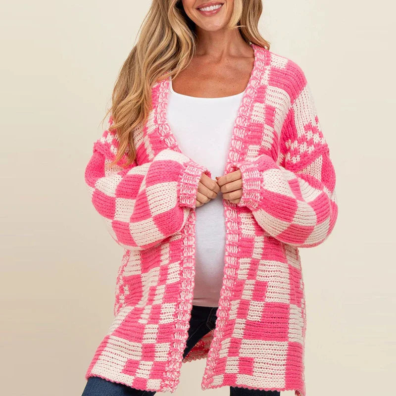 Marina Women’s Wool Cardigan – Checkered Chunky Knit Cardigan