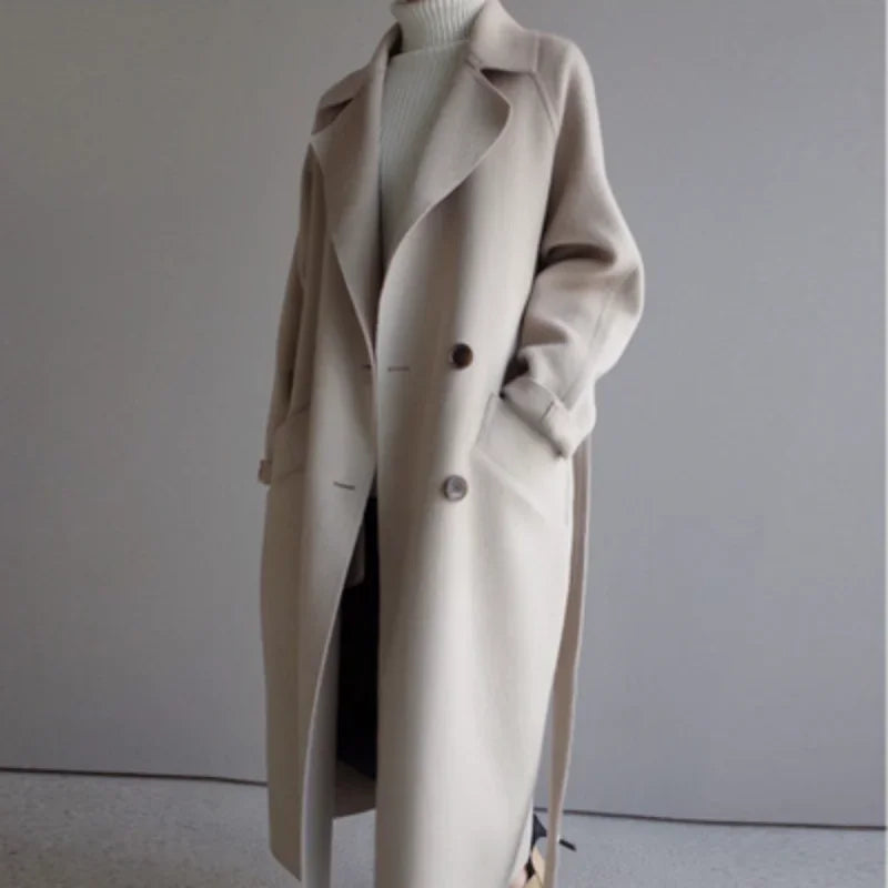 Selena Women’s Coat – Double-Breasted Lapel with Belted Mid-Length Fit