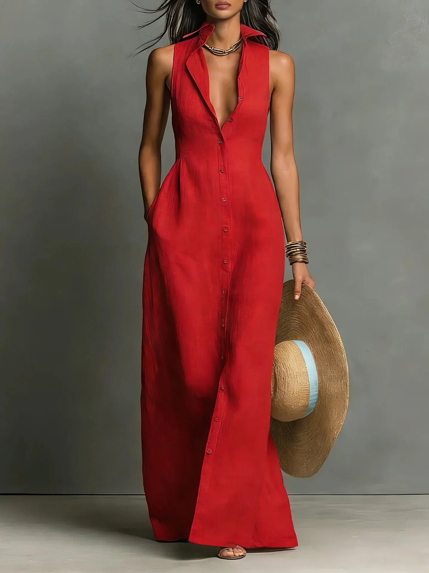 Luna Linen Blend Shirt Maxi Dress – Turn-Down Collar Sleeveless Tailored-Waist Structure