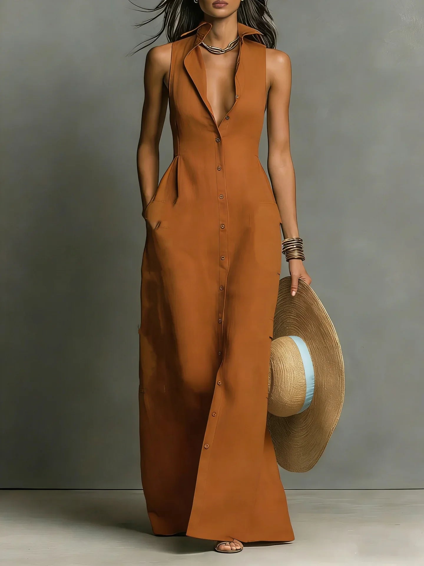 Luna Linen Blend Shirt Maxi Dress – Turn-Down Collar Sleeveless Tailored-Waist Structure