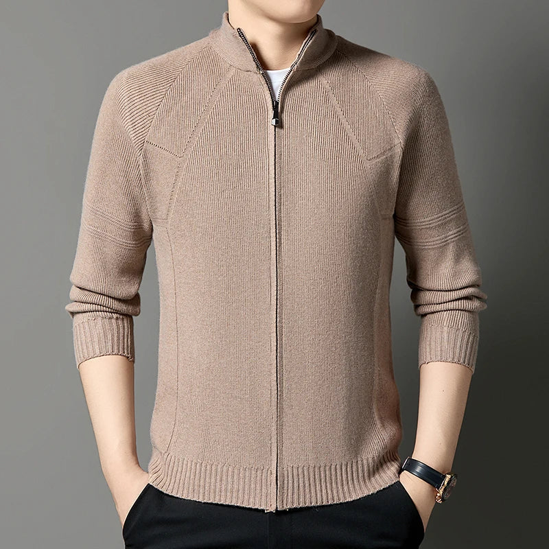 Erwan Men’s Knitted Jacket – Wool-Blend Stand-Up Collar Full-Zip Jacket