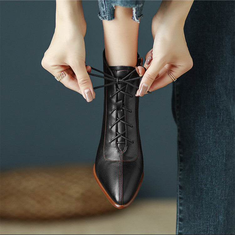 Trixy Women’s Leather Ankle Boots – Pointed Toe & Block Heel Design