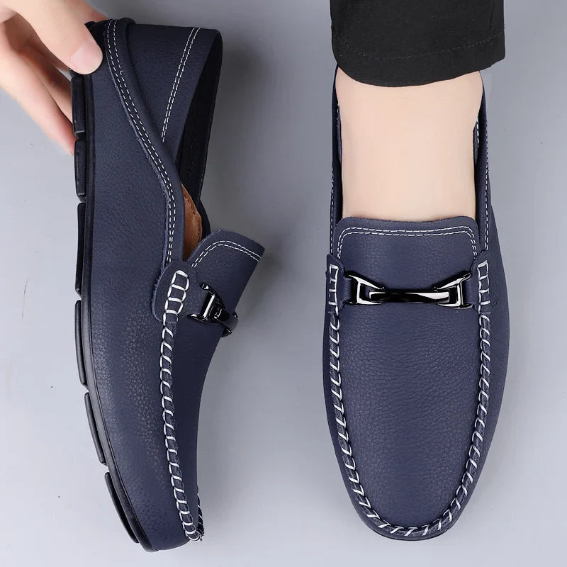 Fabrizio Men’s Leather Loafers – Genuine Cow Leather Slip-On Shoes with Cushioned Insole