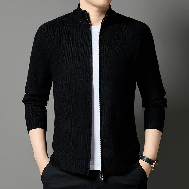 Erwan Men’s Knitted Jacket – Wool-Blend Stand-Up Collar Full-Zip Jacket