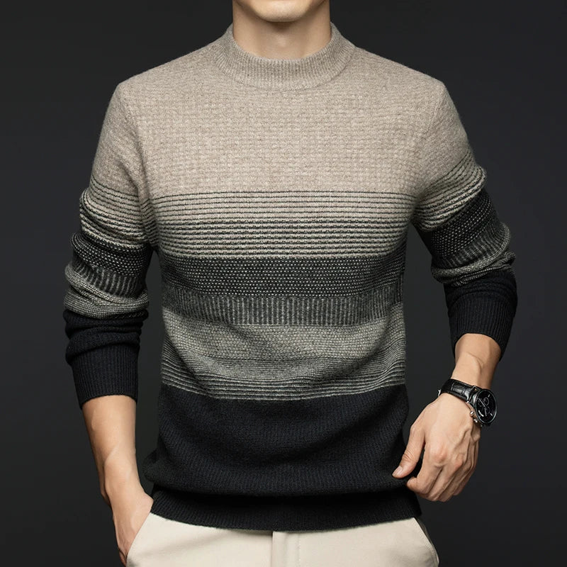 Alistair Men’s Wool Sweater – Gradient Stripe Crew Neck Sweater