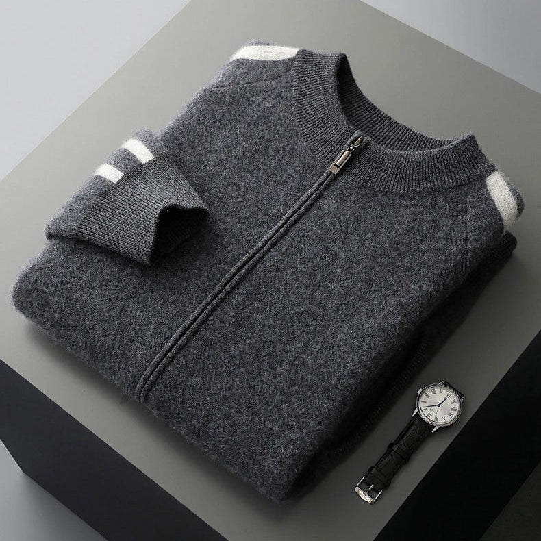 Rodrigo Men’s Wool Zip Cardigan – Wool Knit with Dual Stripe Detailing