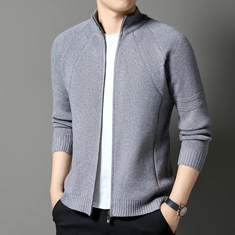 Erwan Men’s Knitted Jacket – Wool-Blend Stand-Up Collar Full-Zip Jacket
