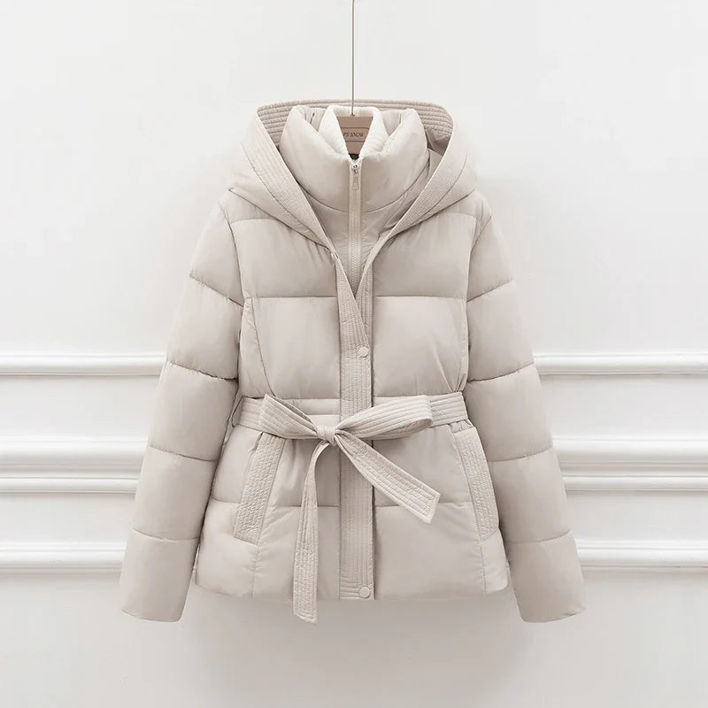 Sherly Women's Down Jacket - Belted Quilted with Adjustable Hood