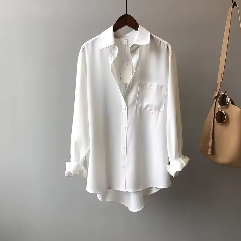 Marian Women’s Silk Blouse – Contrast Collar with Button-Front Design