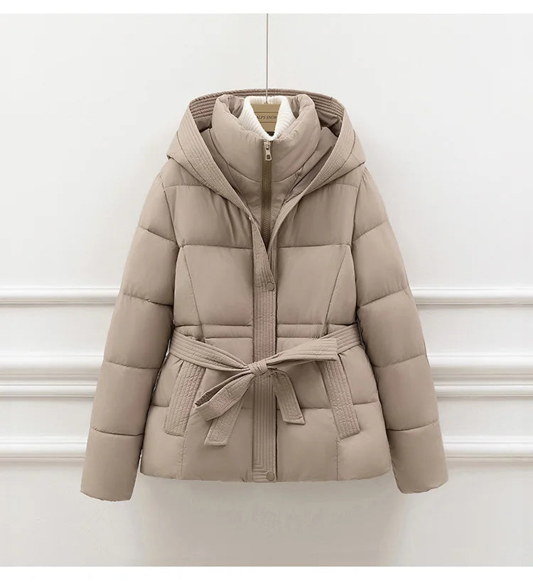 Sherly Women's Down Jacket - Belted Quilted with Adjustable Hood