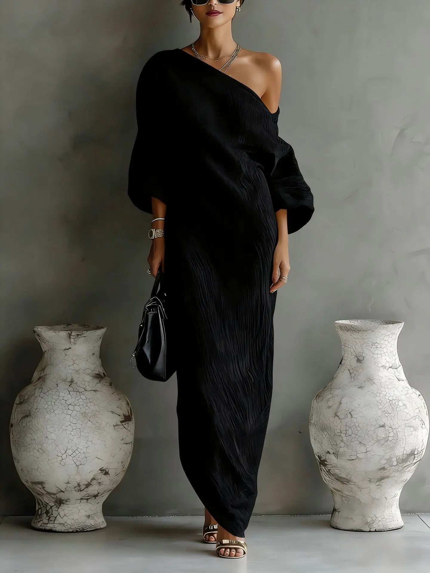 Madonna Textured Linen Maxi Dress – One-Shoulder Asymmetrical Hem Batwing Drape