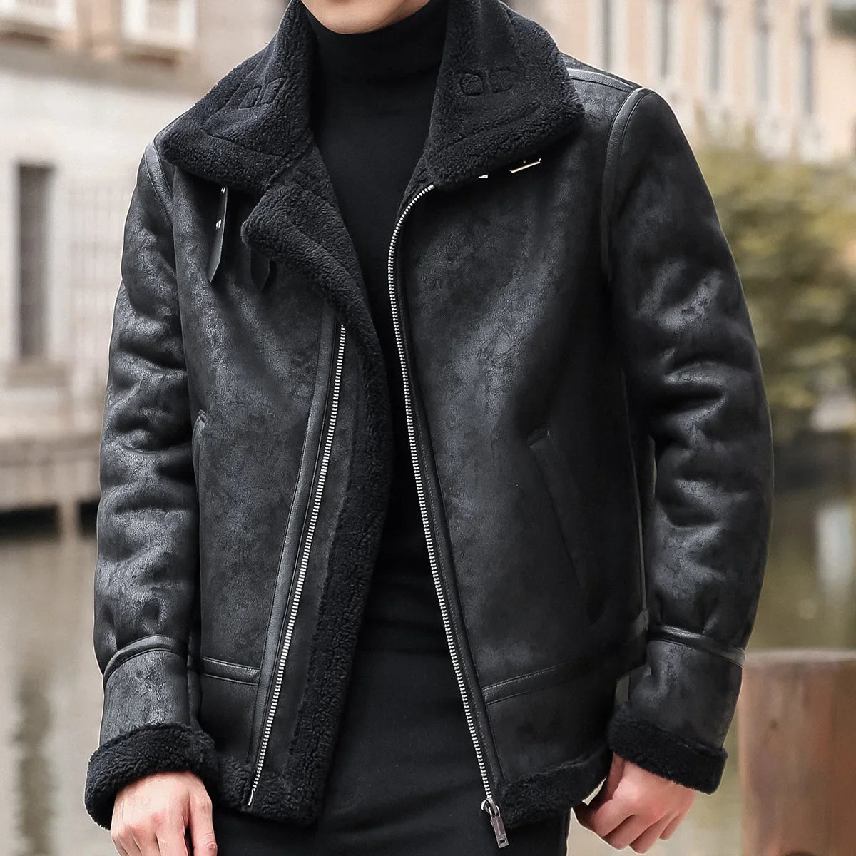 Ashford Men’s Leather Jacket – Shearling-Lined Zip Up Jacket