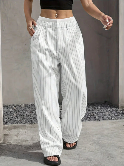 Clara Women’s Wide Leg Trousers – Pinstripe High Waist with Pleated Front