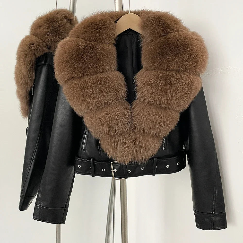 Maybelyn Women’s Leather Jacket – Patent Finish with Faux Fox Collar