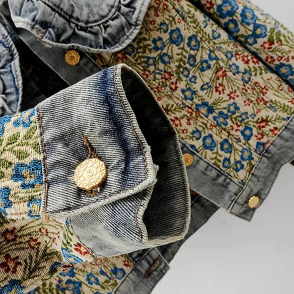 Gian Women’s Denim Jacket – Floral Jacquard Lightweight Cropped Jacket