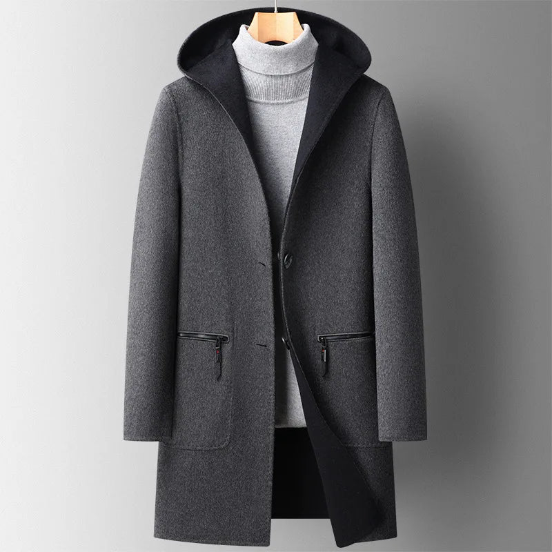 Rosario Men’s Wool Hooded Overcoat – Tailored Fit Wool Blend with Classic Mid-Thigh Length