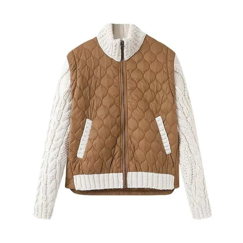 Adelina Quilted Patchwork Jacket – Textured Warmth with Cable-Knit Sleeves
