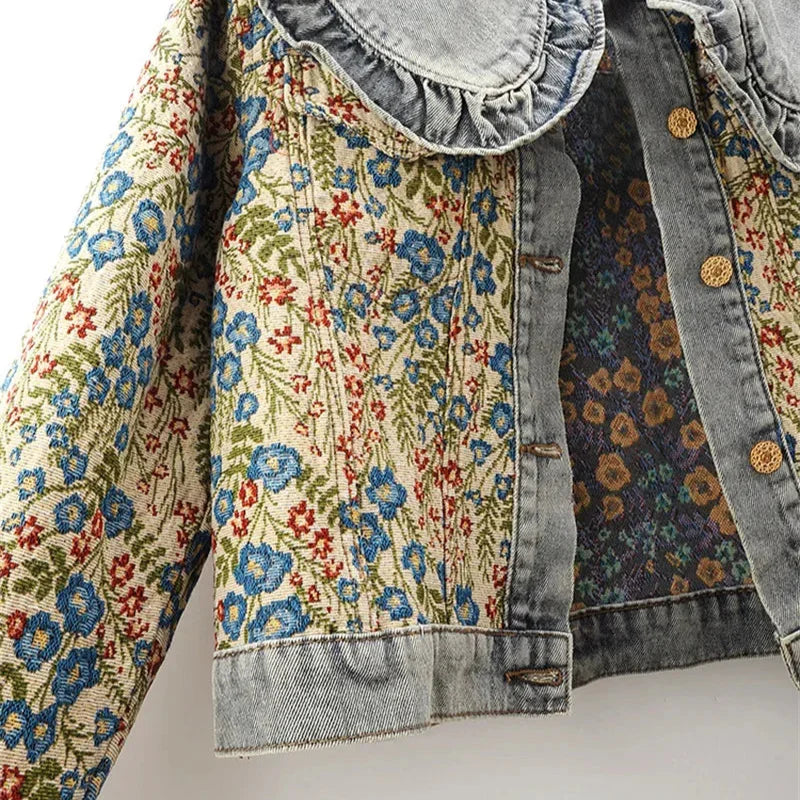Gian Women’s Denim Jacket – Floral Jacquard Lightweight Cropped Jacket