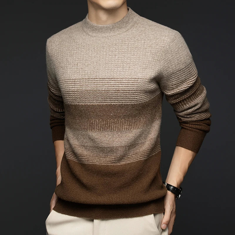 Alistair Men’s Wool Sweater – Gradient Stripe Crew Neck Sweater