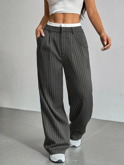 Clara Women’s Wide Leg Trousers – Pinstripe High Waist with Pleated Front