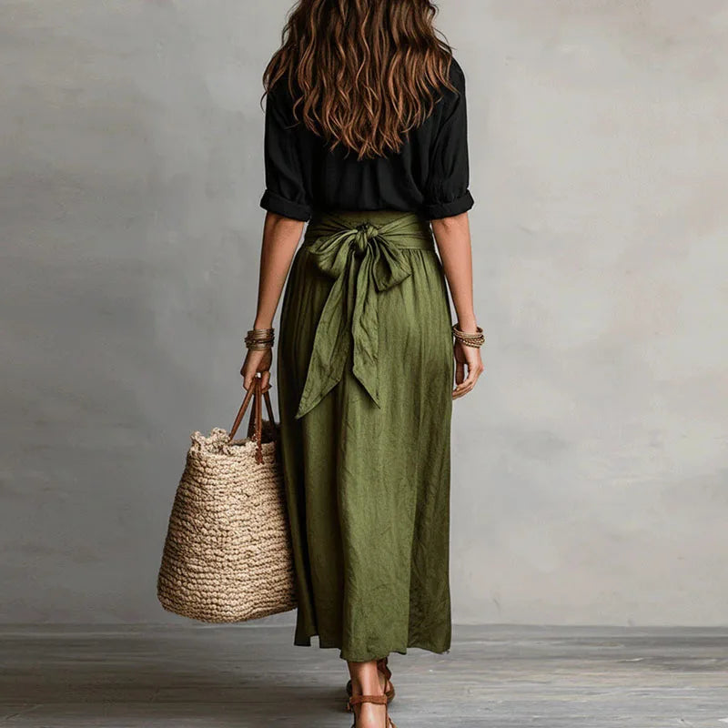 Adaline Linen Blend Two-Piece Skirt Set – Button-Down Top Tie-Waist Midi Ensemble