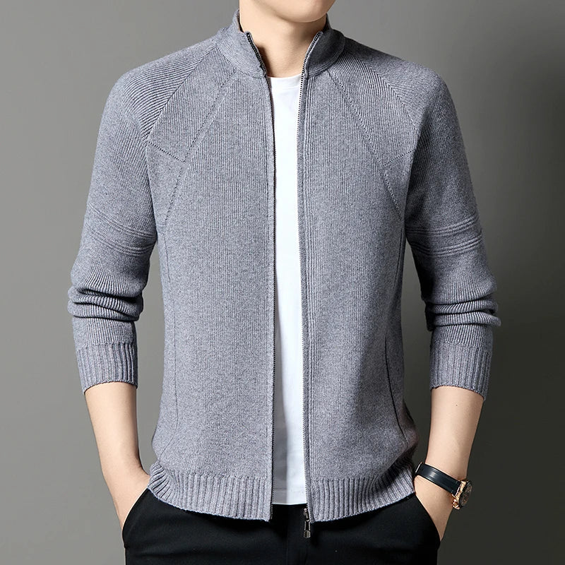 Erwan Men’s Knitted Jacket – Wool-Blend Stand-Up Collar Full-Zip Jacket