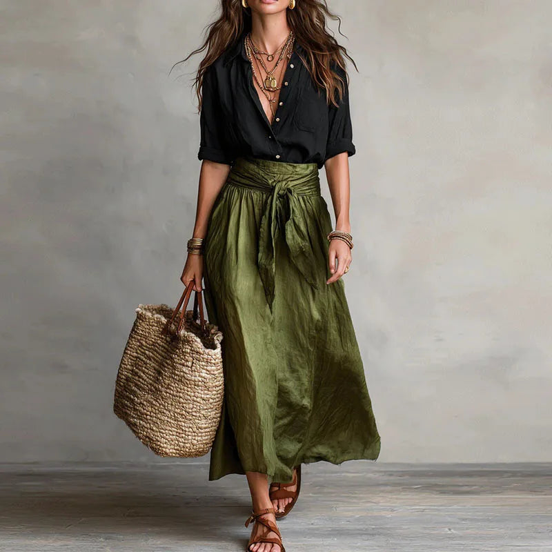 Adaline Linen Blend Two-Piece Skirt Set – Button-Down Top Tie-Waist Midi Ensemble