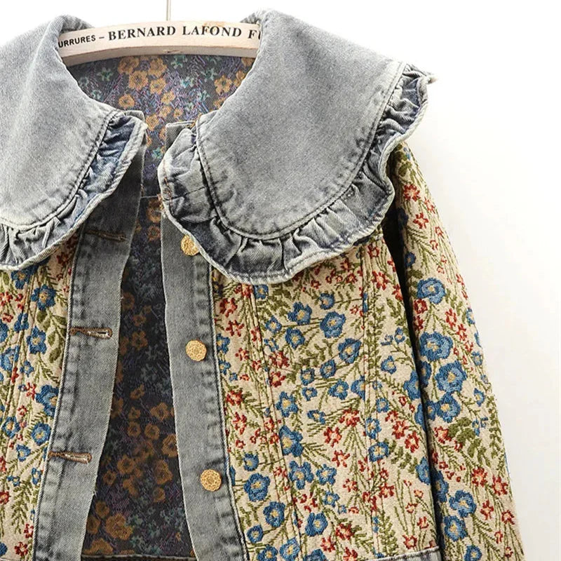 Gian Women’s Denim Jacket – Floral Jacquard Lightweight Cropped Jacket