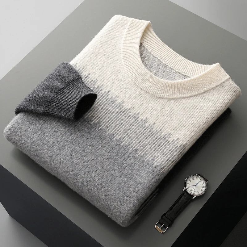 Voss Men’s Merino Wool Sweater – Ultra-Fine Knit Pullover with Tonal Gradient Design