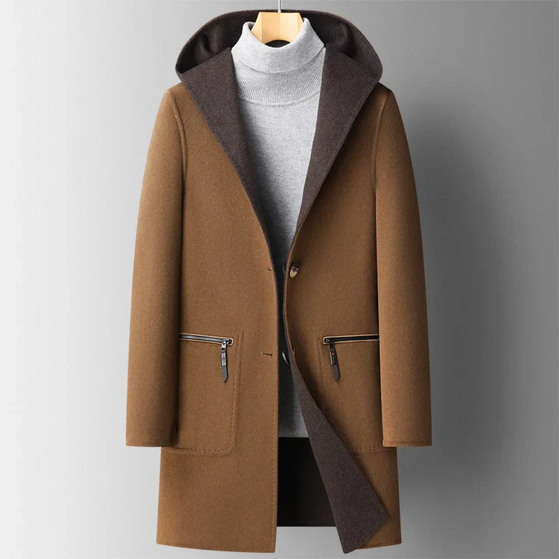 Rosario Men’s Wool Hooded Overcoat – Tailored Fit Wool Blend with Classic Mid-Thigh Length