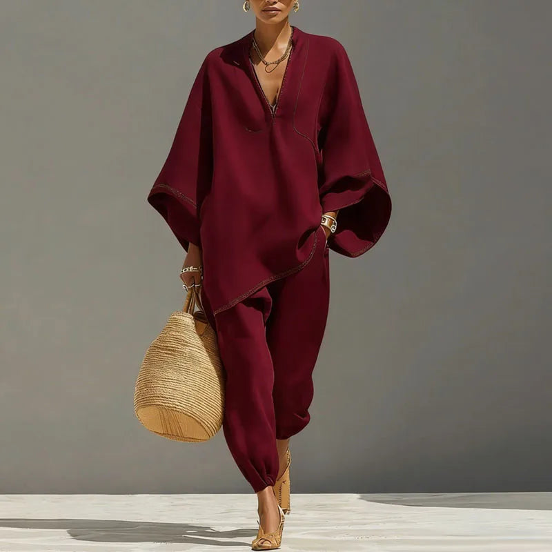 Aiza Linen Two-Piece Matching Set – V-Neck Batwing Sleeve Relaxed-Fit Tapered Suit