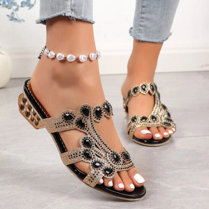 Maya Women’s Low Heel Slip-On Sandals – Rhinestone Cut-Out Design for Dressy Looks