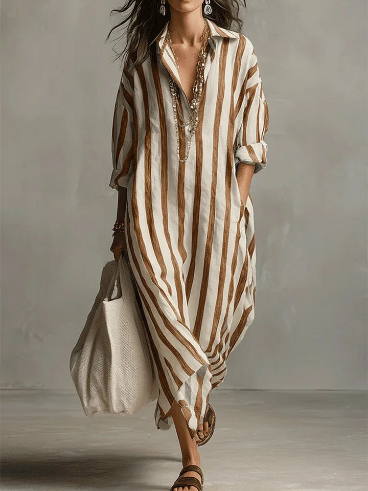 Cyrus Striped Linen Maxi Dress – Turn-Down Collar Loose Fit Rolled-Sleeve Summer Apparel