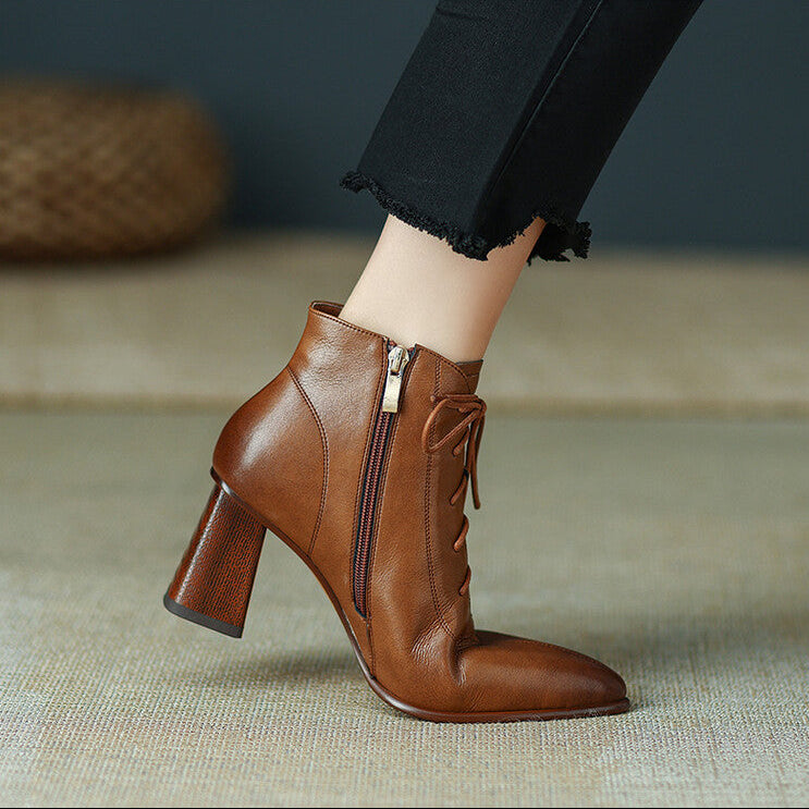 Trixy Women’s Leather Ankle Boots – Pointed Toe & Block Heel Design