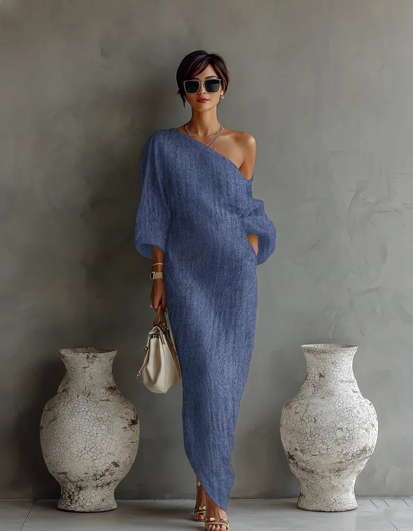 Madonna Textured Linen Maxi Dress – One-Shoulder Asymmetrical Hem Batwing Drape