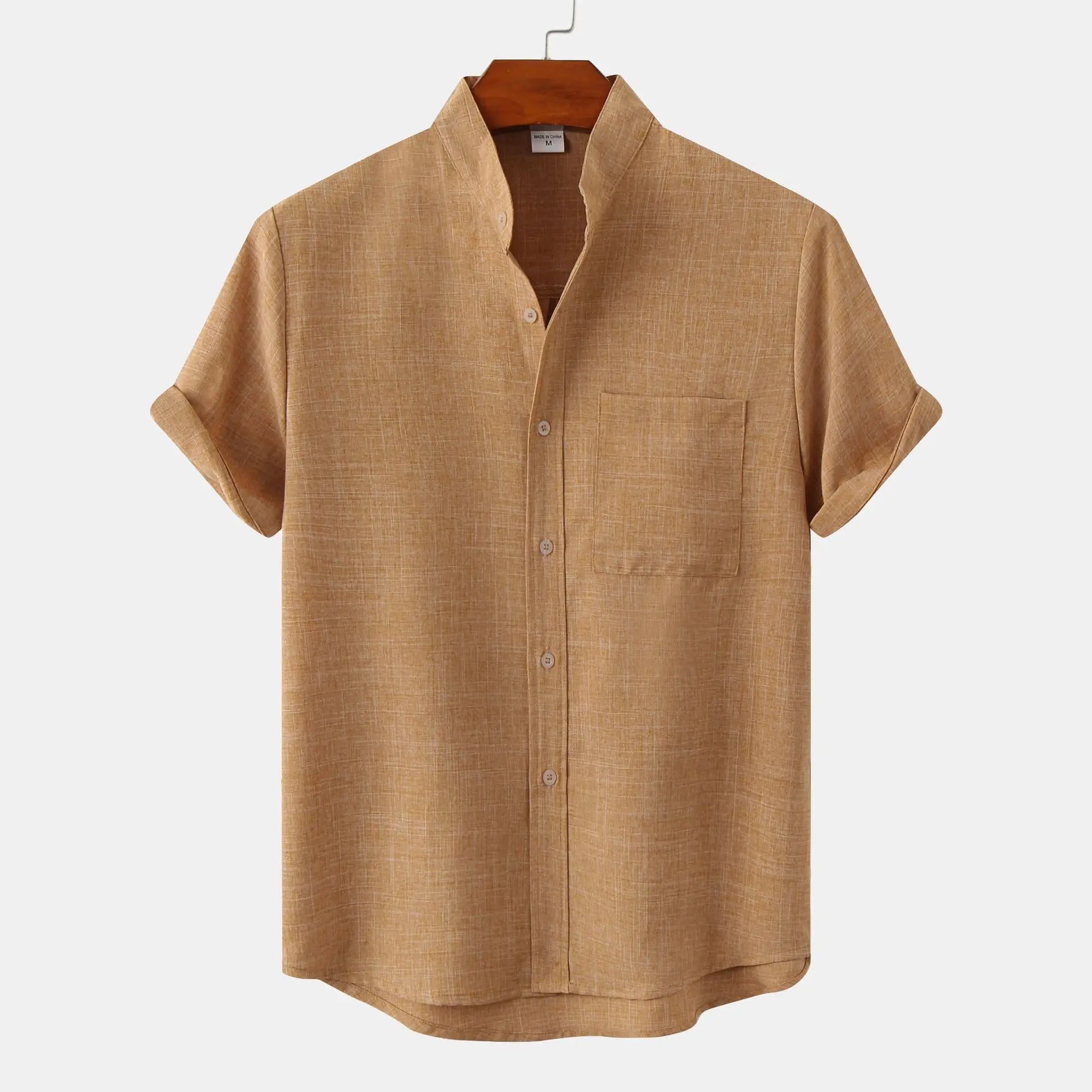 Leonard Men’s Linen Shirt – Collarless Short Sleeve Button-Up for Summer