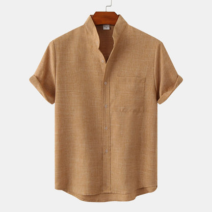 Leonard Men’s Linen Shirt – Collarless Short Sleeve Button-Up for Summer