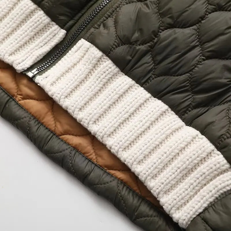 Adelina Quilted Patchwork Jacket – Textured Warmth with Cable-Knit Sleeves