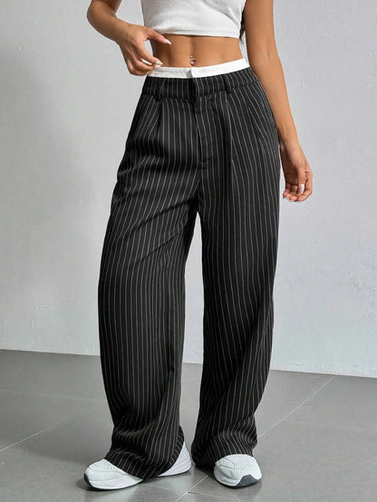 Clara Women’s Wide Leg Trousers – Pinstripe High Waist with Pleated Front
