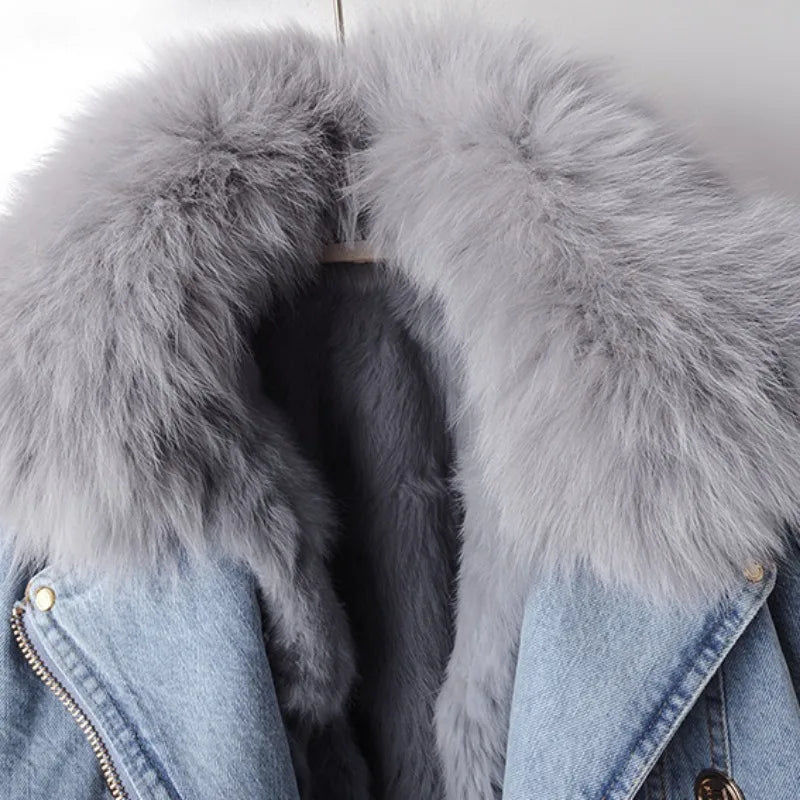 Jolene Fur-Lined Women's Denim Jacket – Cropped Coat with Removable Fox Fur Collar