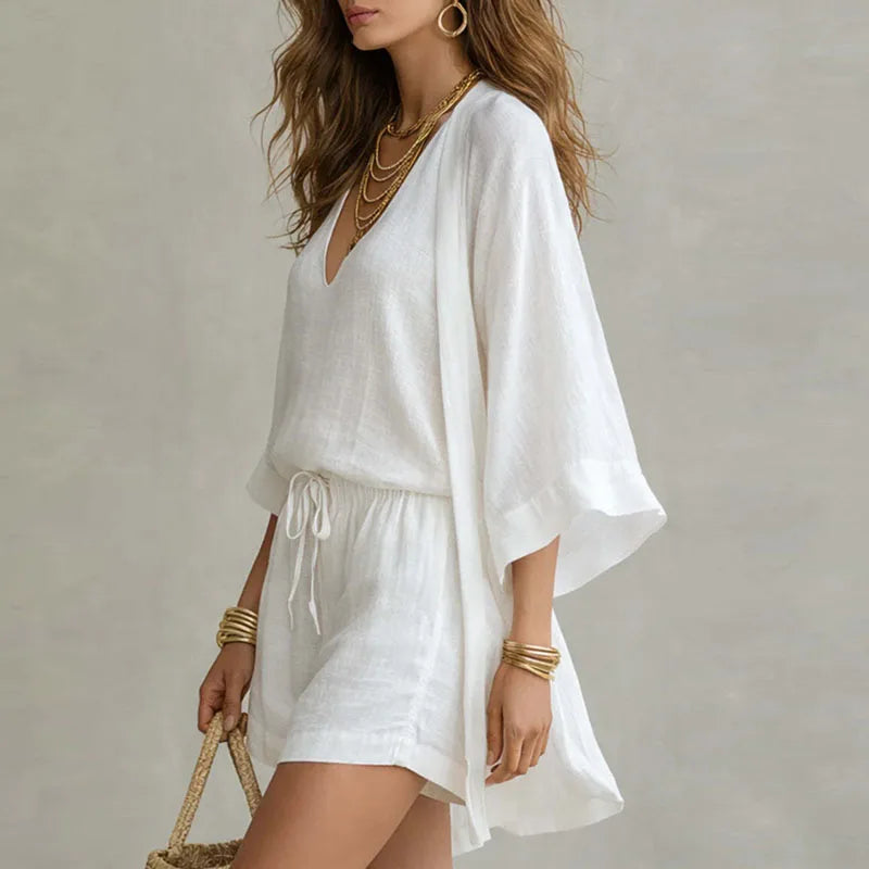 Liora Cotton Linen Three-Piece Set – V-Neck Drawstring Bottoms Relaxed Cardigan Summer Outfit