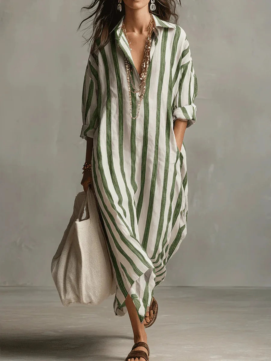 Cyrus Striped Linen Maxi Dress – Turn-Down Collar Loose Fit Rolled-Sleeve Summer Apparel
