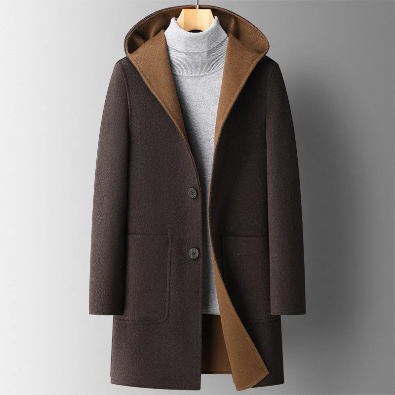 Rosario Men’s Wool Hooded Overcoat – Tailored Fit Wool Blend with Classic Mid-Thigh Length