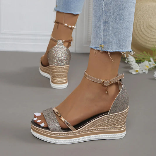 Chloe Women’s Wedge Sandals – Supportive Slip-On Design with Glitter Finish