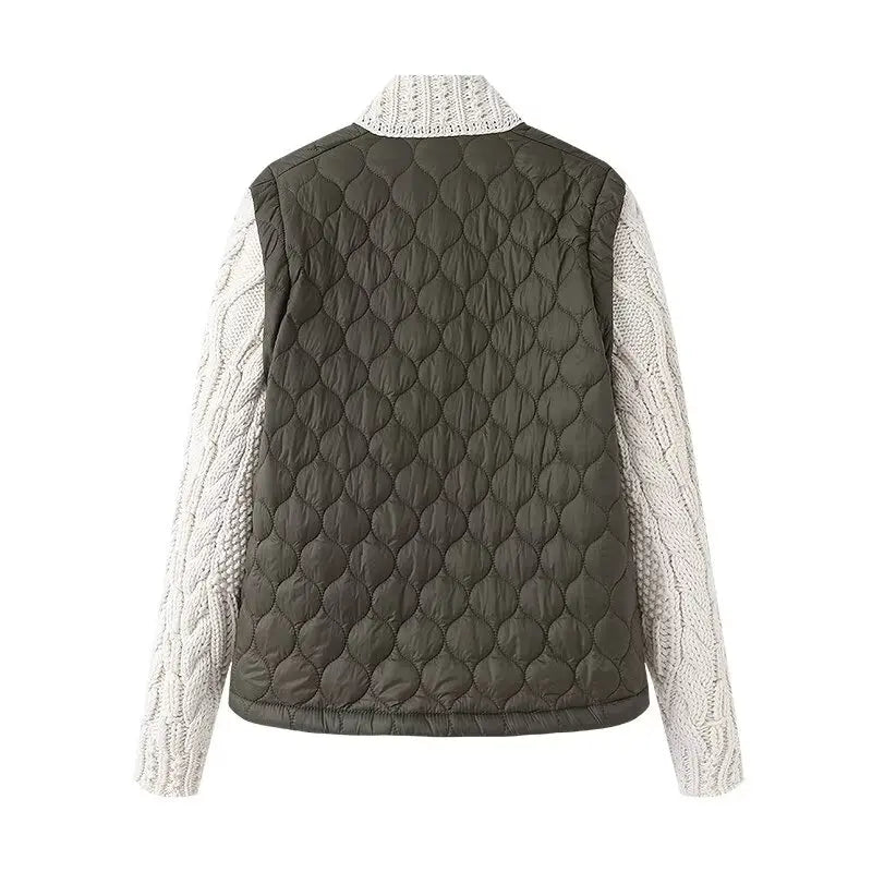 Adelina Quilted Patchwork Jacket – Textured Warmth with Cable-Knit Sleeves